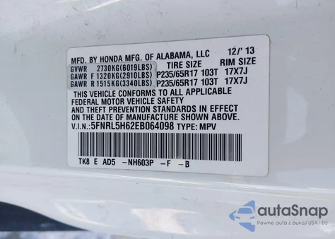 2014 Honda Odyssey Ex-L from USA, damaged, VIN 5FNRL5H62EB064098